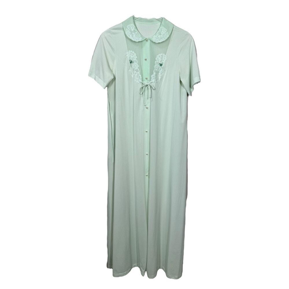 Vintage Shadowline Mint Green Nightgown Small Nylon Lace Floral Robe Sleepwear
